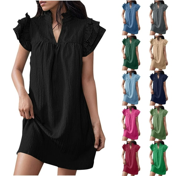 ZZwxWA Womens Summer Shift Dresses 2025 V Neck Ruffle Cap Short Sleeve Mini Dress Casual Flowy Pleated A Line Sundress