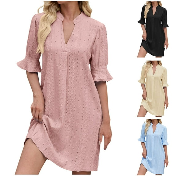 ZZwxWA Womens Summer Shift Dresses V Neck Ruffle Short Sleeve Midi Dress Solid Color Mini Dress Casual Work Dresses