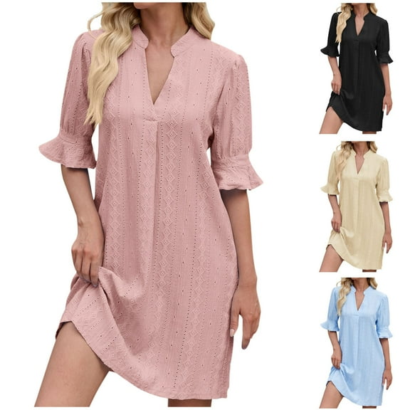 ZZwxWA Womens Summer Shift Dresses V Neck Ruffle Short Sleeve Midi Dress Solid Color Mini Dress Casual Work Dresses