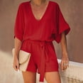 thumbnail image 1 of ZZwxWA Womens Summer Shorts Rompers Batwing Sleeve Loose V Neck Solid Color Casual Short Jumpsuits with Belt Ladies Casual Pants, 1 of 6