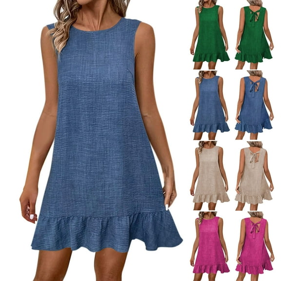 ZZwxWA Womens Summer Sleeveless Mini Dress Crew Neck Ruffle Smock Dresses Tie Backless Short Dresses Solid Color Ladies Casual Clothing