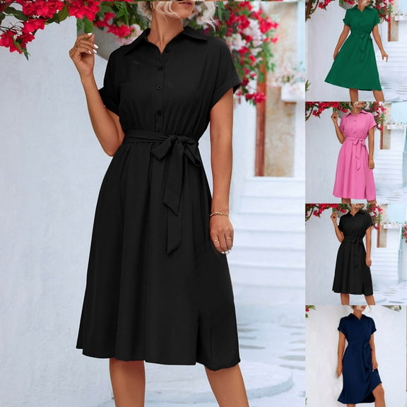 ZZwxWA Womens Summer Solid Color Button Front Dresses Casual Maxi Work Dress Side Slit Sexy Dress with Belt High Waist Evening Cocktail Party Formal