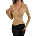 thumbnail image 1 of ZZwxWA Womens Summer Tops 2025 Women's Spring and Summer Button Wrap Pleated Blouse Elegant Style Oversize Tunic V-Neck Solid Casual Tops Long Sleeve T-shirts Khaki M, 1 of 4
