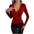 thumbnail image 1 of ZZwxWA Womens Summer Tops 2025 Women's Spring and Summer Button Wrap Pleated Blouse Elegant Style Oversize Tunic V-Neck Solid Casual Tops Long Sleeve T-shirts Wine L, 1 of 4