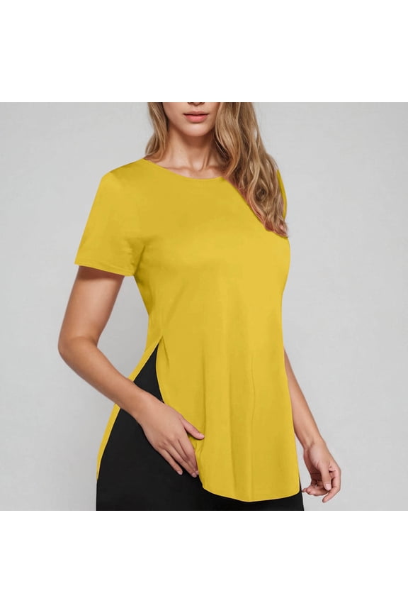 Womens Summer Tops Slim Fitted Side Split Slit Crewneck Shirts Trendy Casual Basic Comfy Short Sleeve Tunic Solid T Shirts