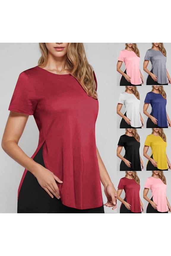 Womens Summer Tops Slim Fitted Side Split Slit Crewneck Shirts Trendy Casual Basic Comfy Short Sleeve Tunic Solid T Shirts