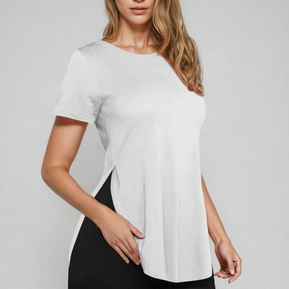 ZZwxWA Womens Summer Tops Slim Fitted Side Split Slit Crewneck Shirts Trendy Casual Basic Comfy Short Sleeve Tunic Solid T Shirts