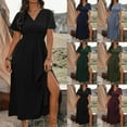 thumbnail image 1 of ZZwxWA Womens Summer Wrap Waist Maxi Dresses V-Neck Sides Split Casual Dress A Line Long Flowy Dress with Sleeves, 1 of 7