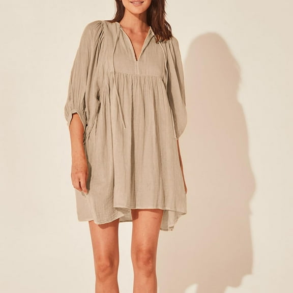 ZZwxWA Womens Sundress Fall Fashion Shirt Mini Dress Puff Sleeve Flowy Tunic Shirt Dress Loose Comfy Short Dresses Solid Color Summer Holiday