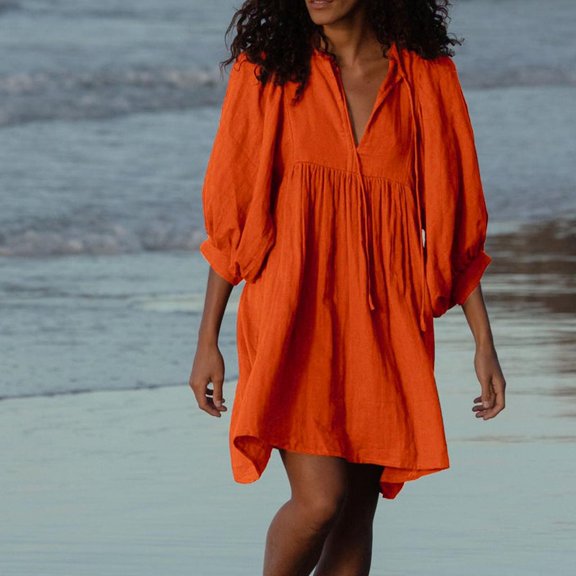 ZZwxWA Womens Sundress Fall Fashion Shirt Mini Dress Puff Sleeve Flowy Tunic Shirt Dress Loose Comfy Short Dresses Solid Color Summer Holiday