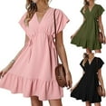 thumbnail image 1 of ZZwxWA Womens Sundress Short Sleeve V Neck Drawstring Casual Ruffle A-Line Swing Mini Dress Holiday Dresses, 1 of 6