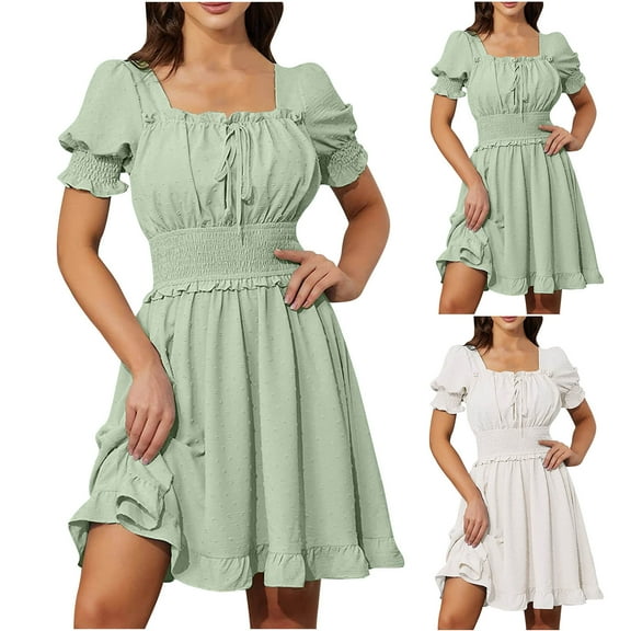ZZwxWA Womens Swiss Dot Dresses Puff Sleeve Square Neck A-Line Dress Cute Elastic Waist Ruffle Mini Short Sundress Women's Elegant Solid Clothing