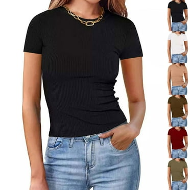 ZZwxWA Womens T Shirts Basic Neck Short Sleeve Crop Tops Cute Summer Tops Slim Fit Tees Y2k Clothing 2024