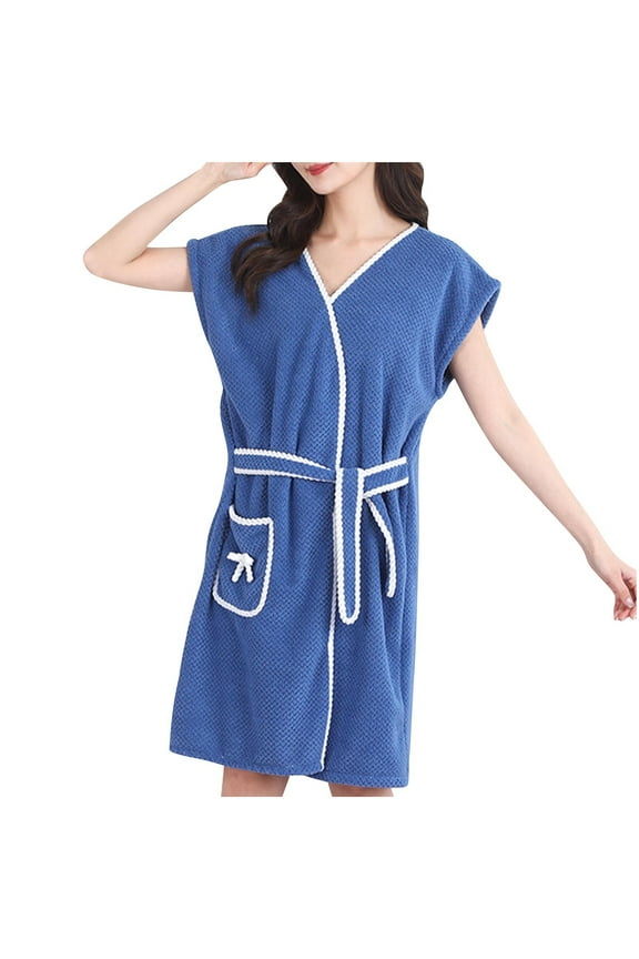 Womens Terry Home Cloth Bathrobe Short Sleeve Belted Spa Hotel Dressing Gown Absorbent Quick-Dry Robes with Pockets