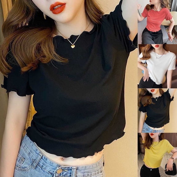 ZZwxWA Womens Trim Ribbed Knit Short Sleeve Crop Top Slim Fitted T-Shirt Tee