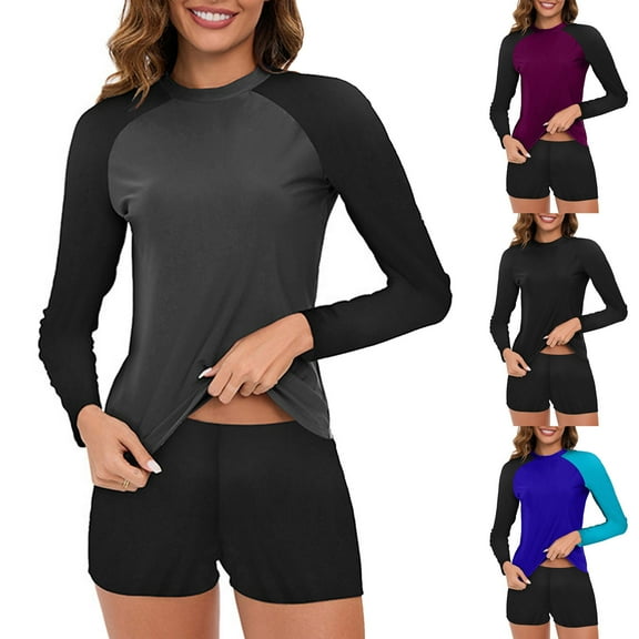 ZZwxWA Womens Two Piece Rash Guard Long Sleeve Swimsuits Color Patchwork Swim Shirt Bathing Suit with Boyshort Bottom