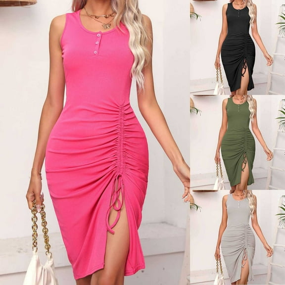 ZZwxWA Womens U Neck Sleeveless Ribbed Knitted Tank Dress Sexy Side Slit Drawstring Ruched Bodycon Maxi Dresses Evening Cocktail Party Formal Sundress Solid