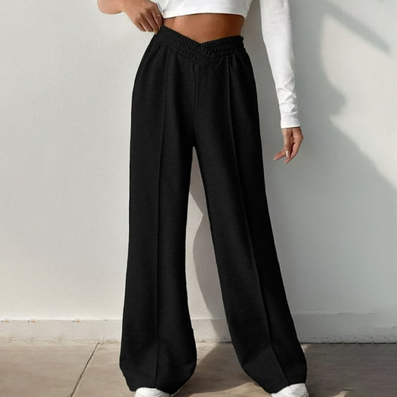 ZZwxWA Womens V Crossover Wide Leg Sweatpants Solid Color Elastic High Waisted Loose Long Palazzo Pants Trousers