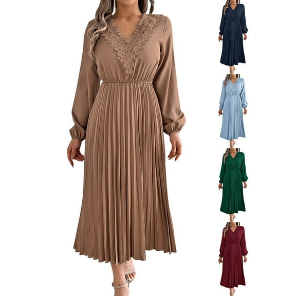 ZZwxWA Womens V Neck Dresses 2025 Long Sleeve Elegant Evening Party Dress Fall Pleated Flowy Casual High Waist Formal Dress