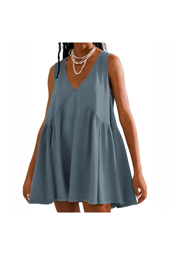 Womens V Neck Sleeveless Mini Dress Summer Casual Pleat Beach Sundress Loose Fit Swing Flowy 2025 Vacation Dresses