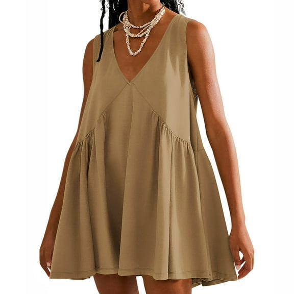 ZZwxWA Womens V Neck Sleeveless Mini Dress Summer Casual Pleat Beach Sundress Loose Fit Swing Flowy 2025 Vacation Dresses
