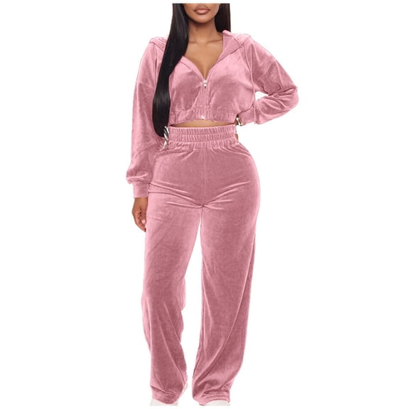ZZwxWA Womens Velour Sweatsuits Sets 2 Piece Tracksuits Outfits Solid Color Full Zip Cropped Hoodie and Sweatpant Velvet Jogging Suit