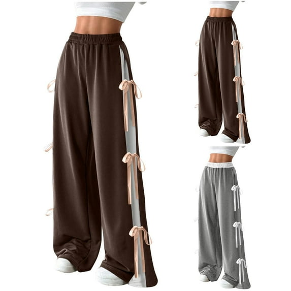 ZZwxWA Womens Wide Leg Baggy Sweatpants Elastic Waist Tie Bow Pants Loose Long Pants Solid Color Ladies Casual Pants