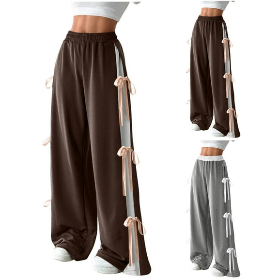 ZZwxWA Womens Wide Leg Baggy Sweatpants Elastic Waist Tie Bow Pants Loose Long Pants Solid Color Ladies Casual Pants