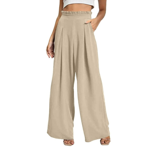 ZZwxWA Womens Wide Leg Pants Dressy Ruffled High Waist Pleated Trousers Casual Solid Color Loose Business Pant with Pockets