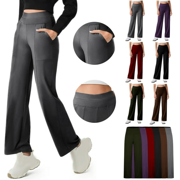 ZZwxWA Womens Wide Leg Yoga Pants with Pockets Belly Control Flare Leggings Straight Leg Sweatpants Stretch Lounge Pants Women's Solid Color Trousers
