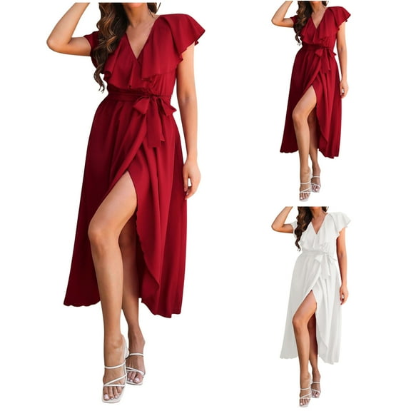 ZZwxWA Womens Wrap Midi Dress Dressy Deep V Neck Short Sleeve Ruffle Split A Line Long Dresses Cocktail Evening Party Gown