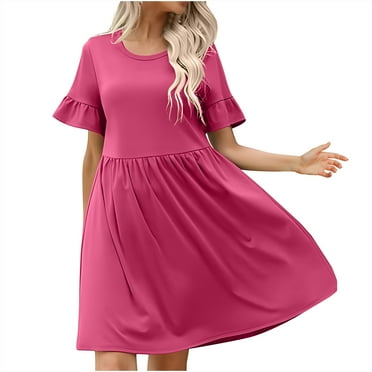 ZZwxWA Work Dresses for Women Casual Ruffle Short Sleeve Round Neck Midi Dresses Loose Fit Swing Pleated Going Out Dresses