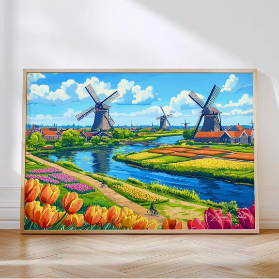 Zaanse Schans Netherlands Print Tulip Fields Windmills, Unframed Paper Poster 8x10in