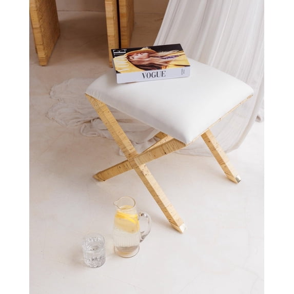 Bali Rattan X Base Stool with Cushion Mahogany Frame Brass Caps Handwoven Indoor Accent Seat