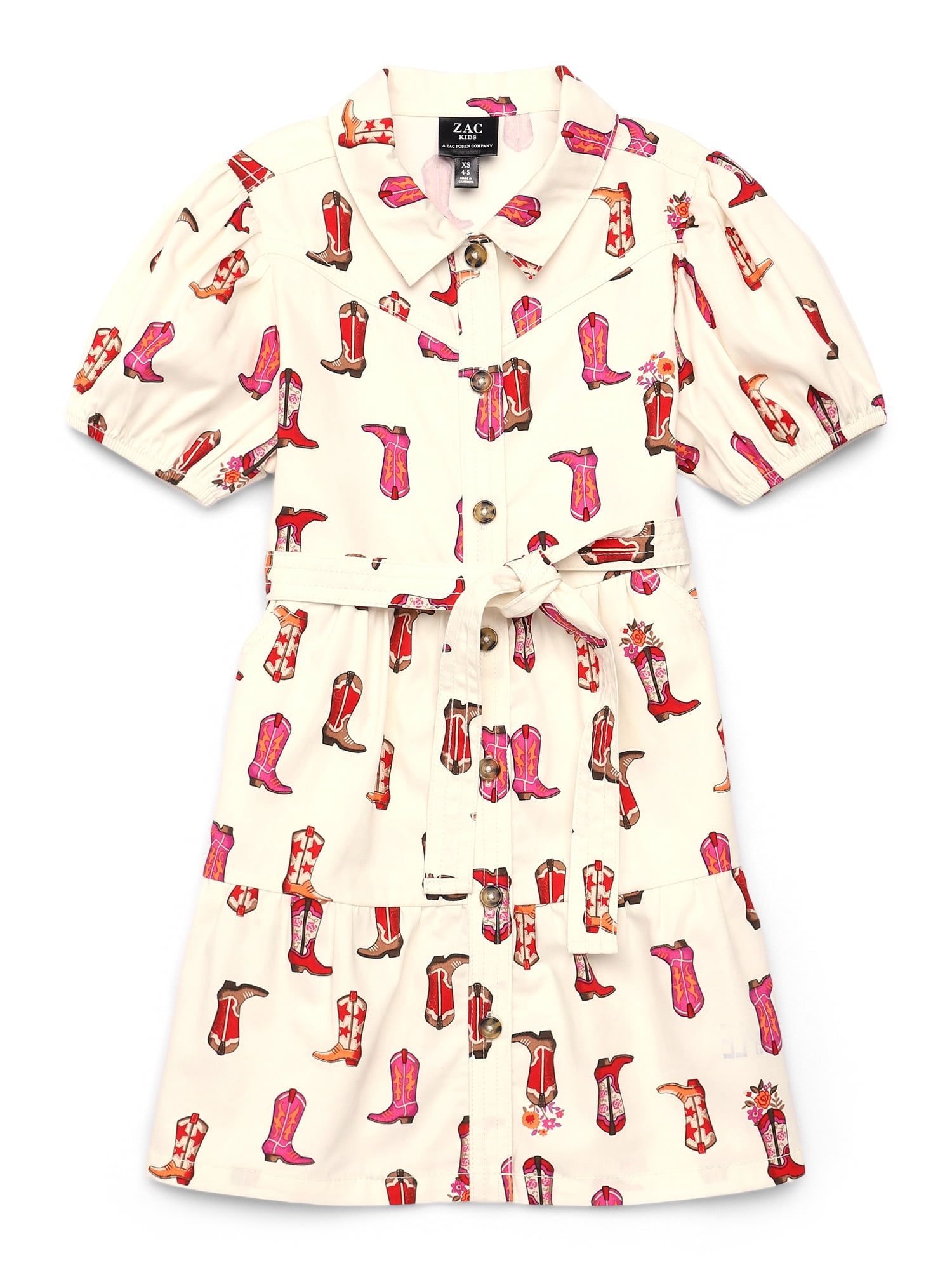 Zac Kids Cowgirl Boots Print Collar Dress with Sash Belt, Sizes 4-18