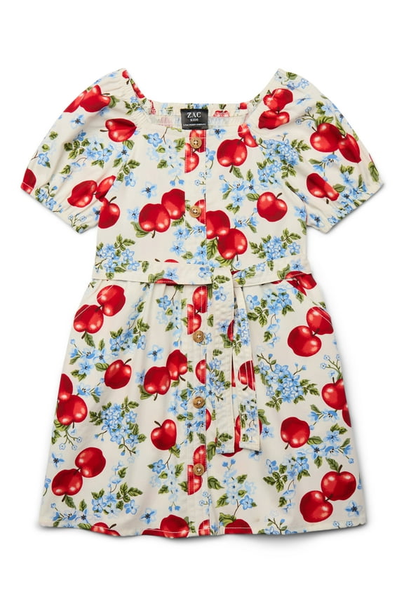 Girls Apple Print Dress with Sash Belt, Sizes 4-18
