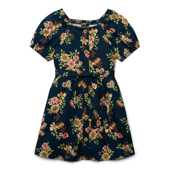 Zac Kids Girls Football and Flower Print Dress with Sash Belt, Sizes 4-18