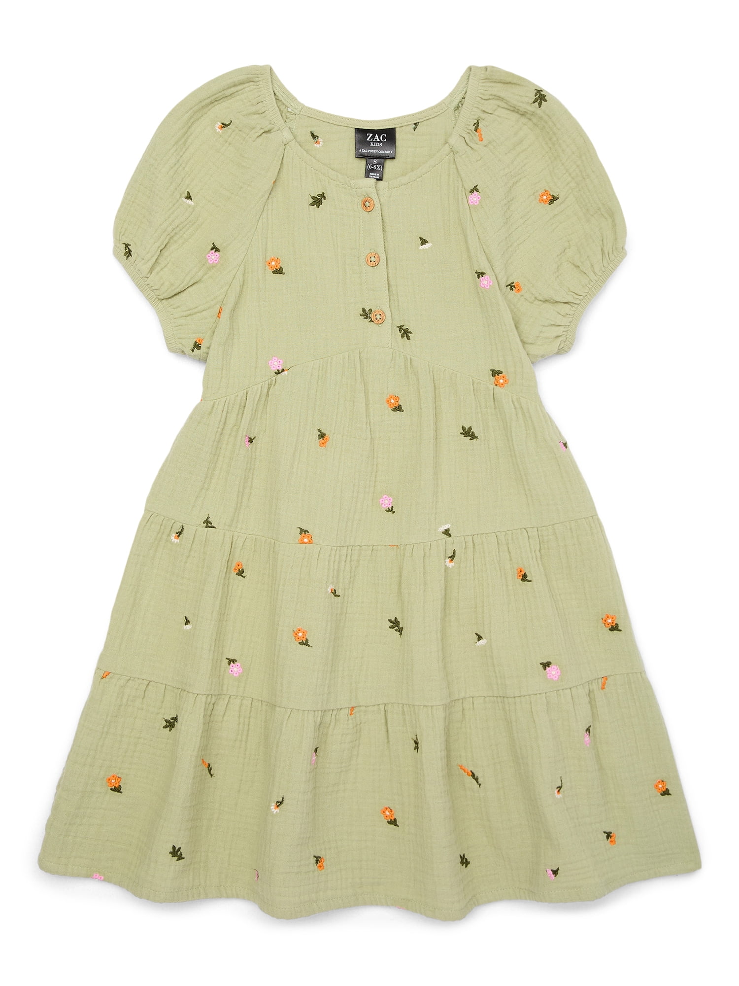 green emerald velvet dress Girls Floral Embroidery Puff Sleeve Dress