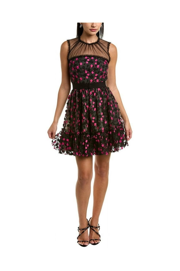 Womens Polyester Embroidered Tulle Cocktail Dress, 0, Black