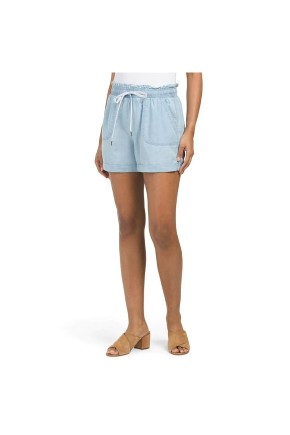 Women's High Rise Rolled Cuffs Paper Bag Waist Denim Shorts-Blue / L