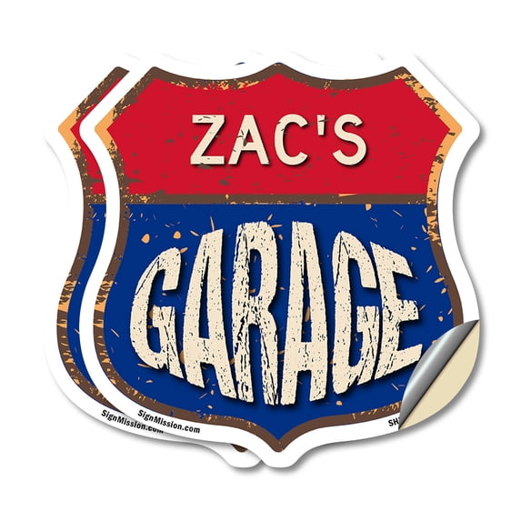 Zac's Garage (2 Pack) 18 inch X 18 inch Shield Shaped Heavy Duty 3.2 mil Vinyl Decals Weather Resistant, UV Protected To last, Gift for Dads and Uncles Classic Americana Crafted in the