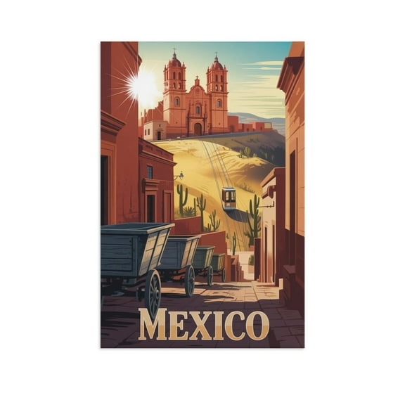 Zacatecas Retro City Travel Poster with Cathedral, Cable Cars And Mining Heritage Canvas Poster