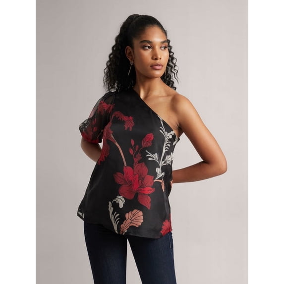 Zaccai Women's Black Organza Floral One Shoulder Top