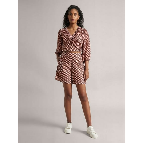 Zaccai Women's Brown Georgette Geometric Wrap Co-ord Set