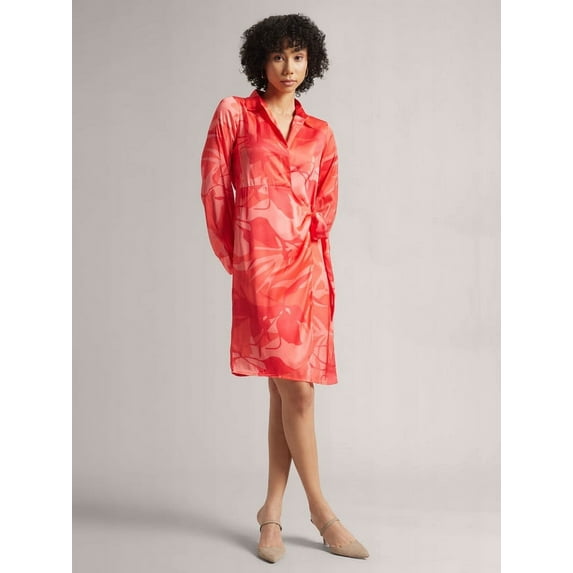 Zaccai Women's Coral Satin Abstract Wrap Dress