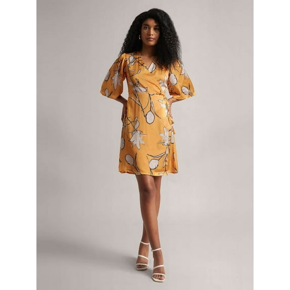 Zaccai Women's Mustard Satin Floral Wrap Dress