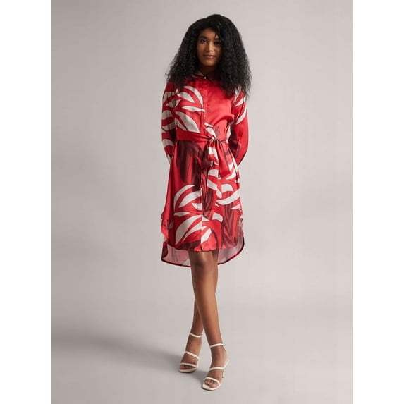 Zaccai Women's Red Satin Abstract Button Down Dress