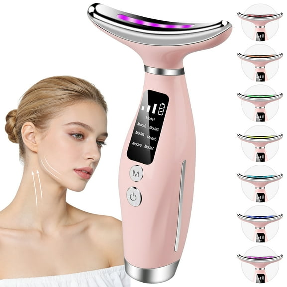 Zacenei Facial Massager,7 in 1 Light Therapy Galvanic Machines for Neck Face Beauty Device,3-Speed Microcurrent Vibrating&Thermals Neck Face Massager Tool for Wrinkles,Double Chin,Skin Care,Pink
