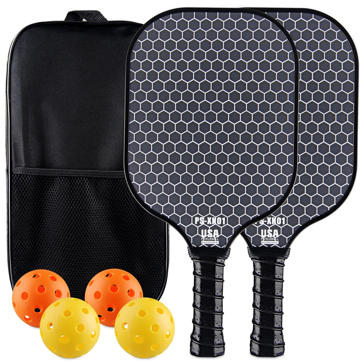 Zacenei Pickleball Paddles Set of 2,Fiberglass Pickle Ball Paddle,Lightweight Pickleball Rackets 2Pack for Adult Teenager w/ Balls,Bag,Professional Equipment for Beginners Intermediate,Black