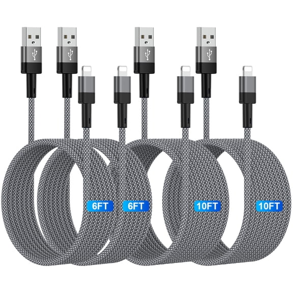 iPhone Charger Cable 6FT 10FT,Zacenei 4Pack USB A to Light-ning Charging Cable 6FT 10FT Charging Cords Power Cords Nylon 3A High Speed Fast Charging Wire USB Cable Compatible for iPhone 14 13 12,Gray